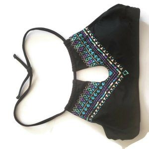 Black Halter Bikini Swim Top Blue detail tribal